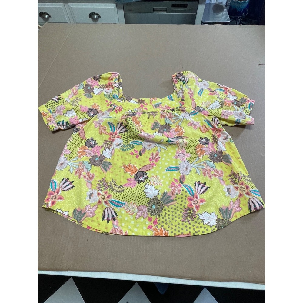 Loft Women's Medium Top Yellow Floral Linen Blend Knit Square Neck Blouse‎ - Picture 6 of 14